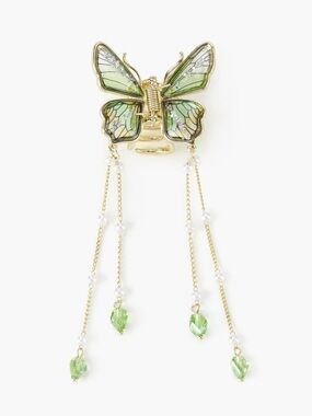 Cider Green Butterfly Hair Clip with Gold Chains and Pearl Accents